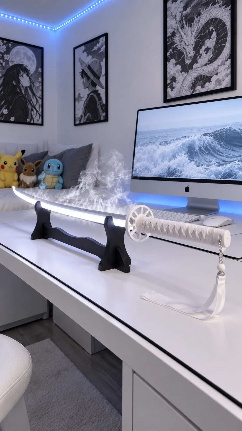 MISTBOUND LED Mist Katana glowing with mist on a display stand