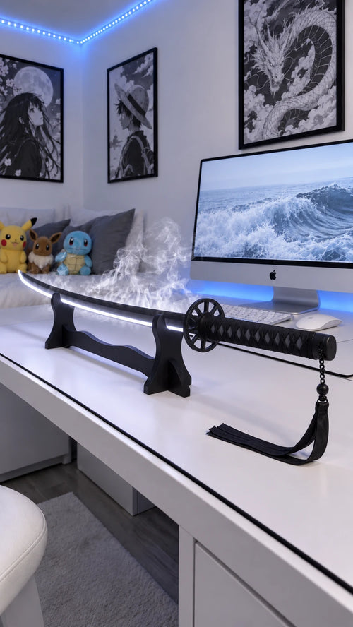 MISTBOUND Black LED Mist Katana glowing with mist on a display stand